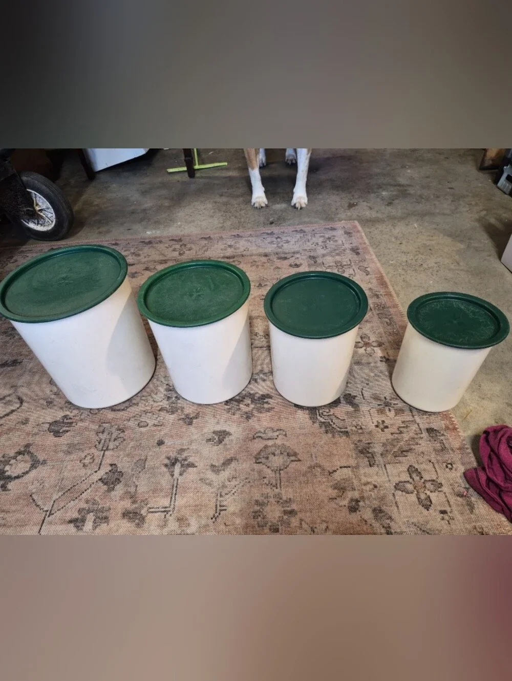 Tupperware White Canister Set with Green Lids Vintage - 4 Piece Touch Close